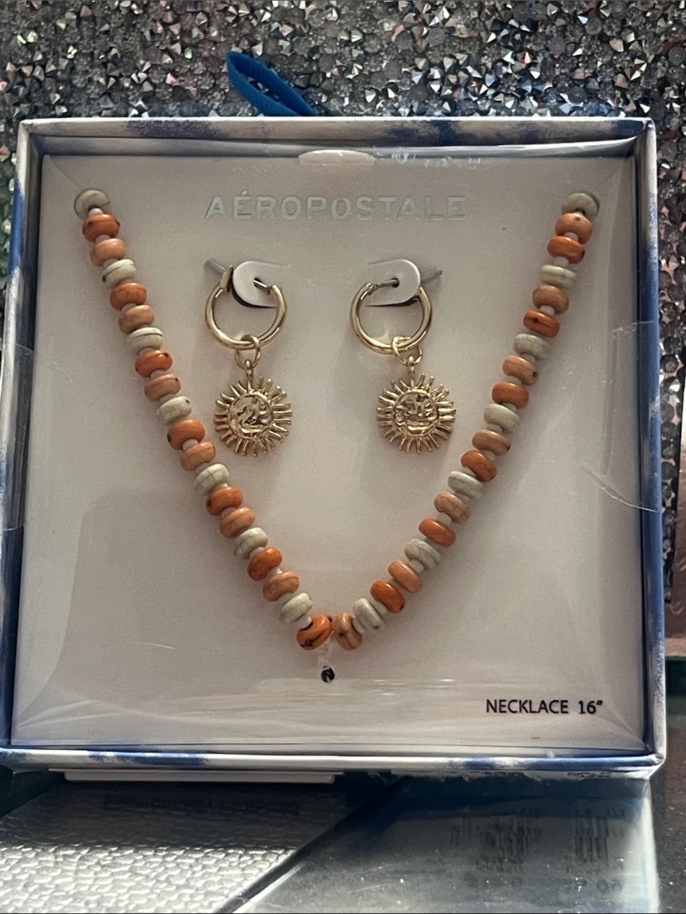 Aeropostale Gold Sun Charm Hoop Earrings with Orange and Cream Beaded Necklace